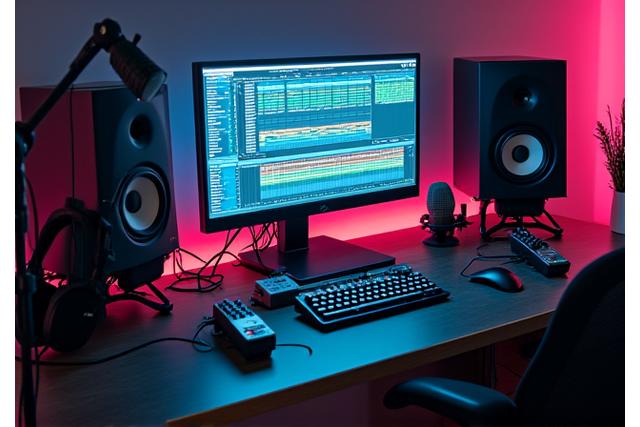 En dataskjerm som viser et DAW-program med musikkutstyr rundt